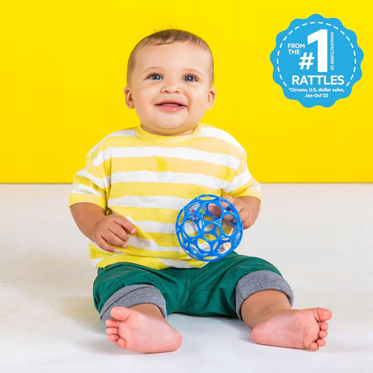 BRIGHT STARTS Oball Rattle silikonowy chwytak gryzak z grzechotką 10 cm, niebieski gryzak dla niemowląt 0+