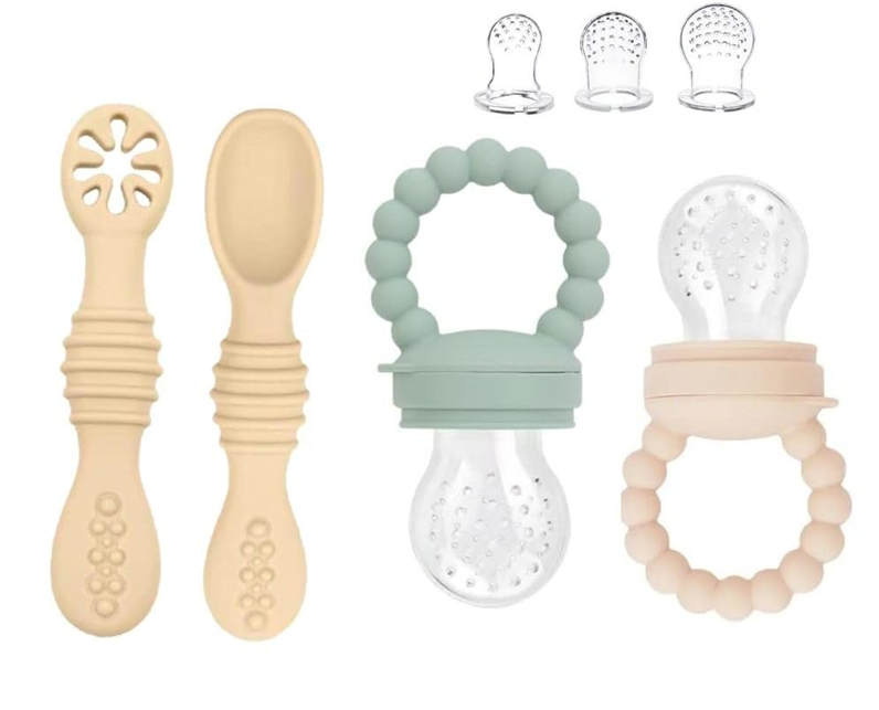 STONNYfruit teether x2, teaspoons x2age 3-24 mcolours green and beigewidth of teether 5.5 cm, length 10.5