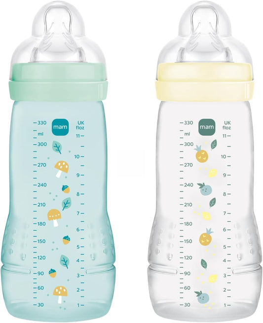 MAM Easy Active zestaw butelek 2x 330 ml 6 m+ smoczek 4 bardzo szybki, dwie butelki MAM w kolorach beżowym i turkusowym