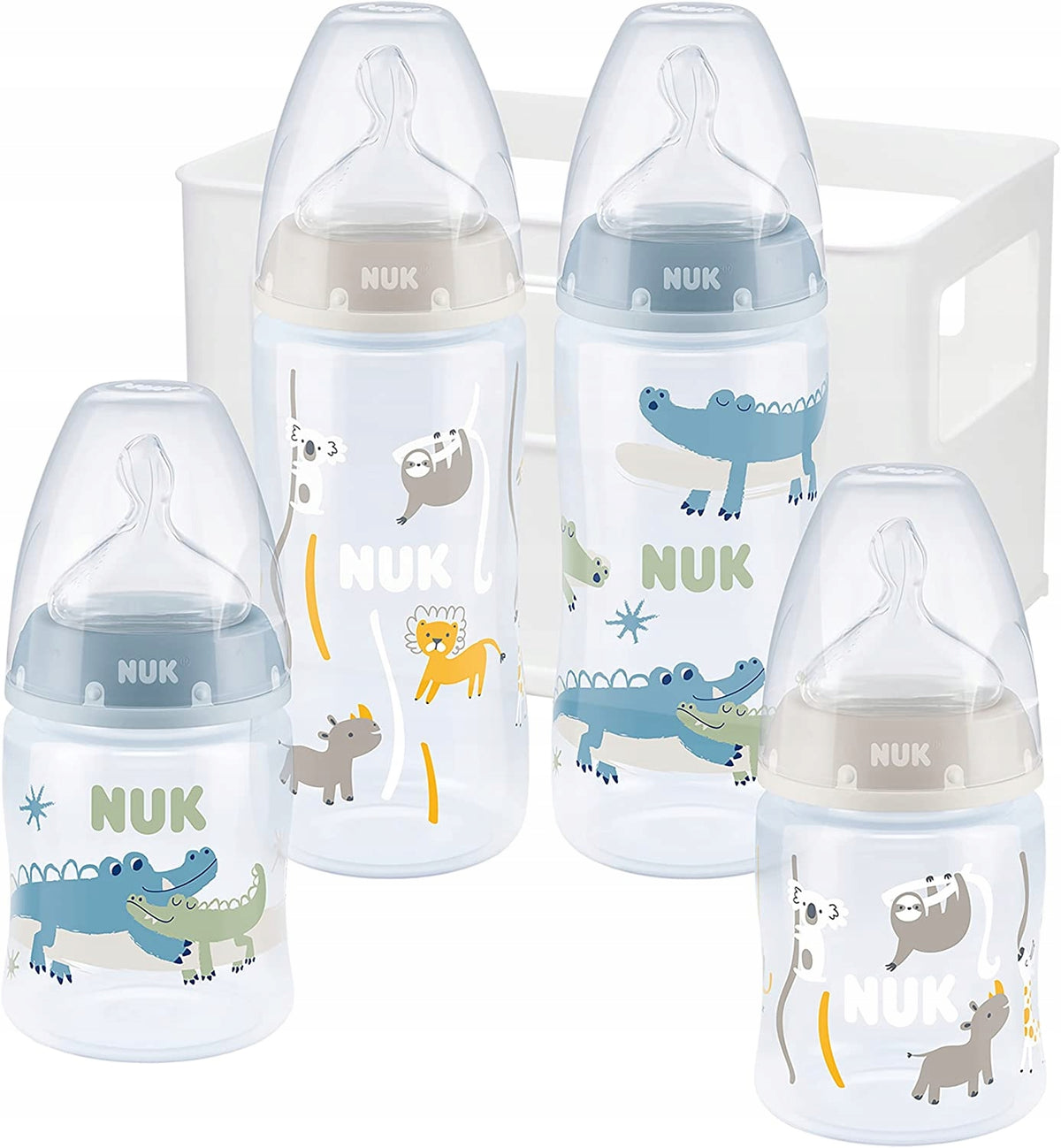 NUK First Choice+ startsæt med 4 flasker + organizerkurv 0-6 m