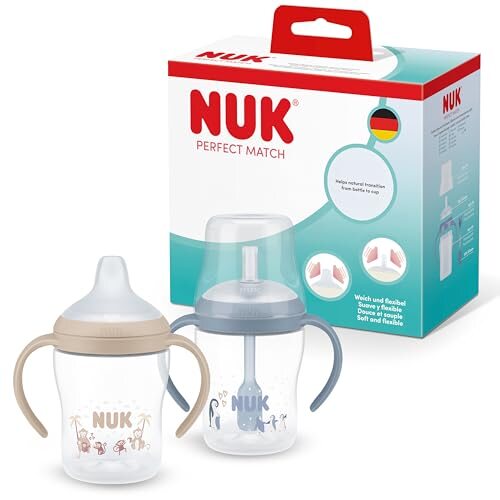 NUK Perfect Match kubki ze słomką 2x150 ml 6+ niebieskie kubki treningowe z miękkim elementem i opakowaniem