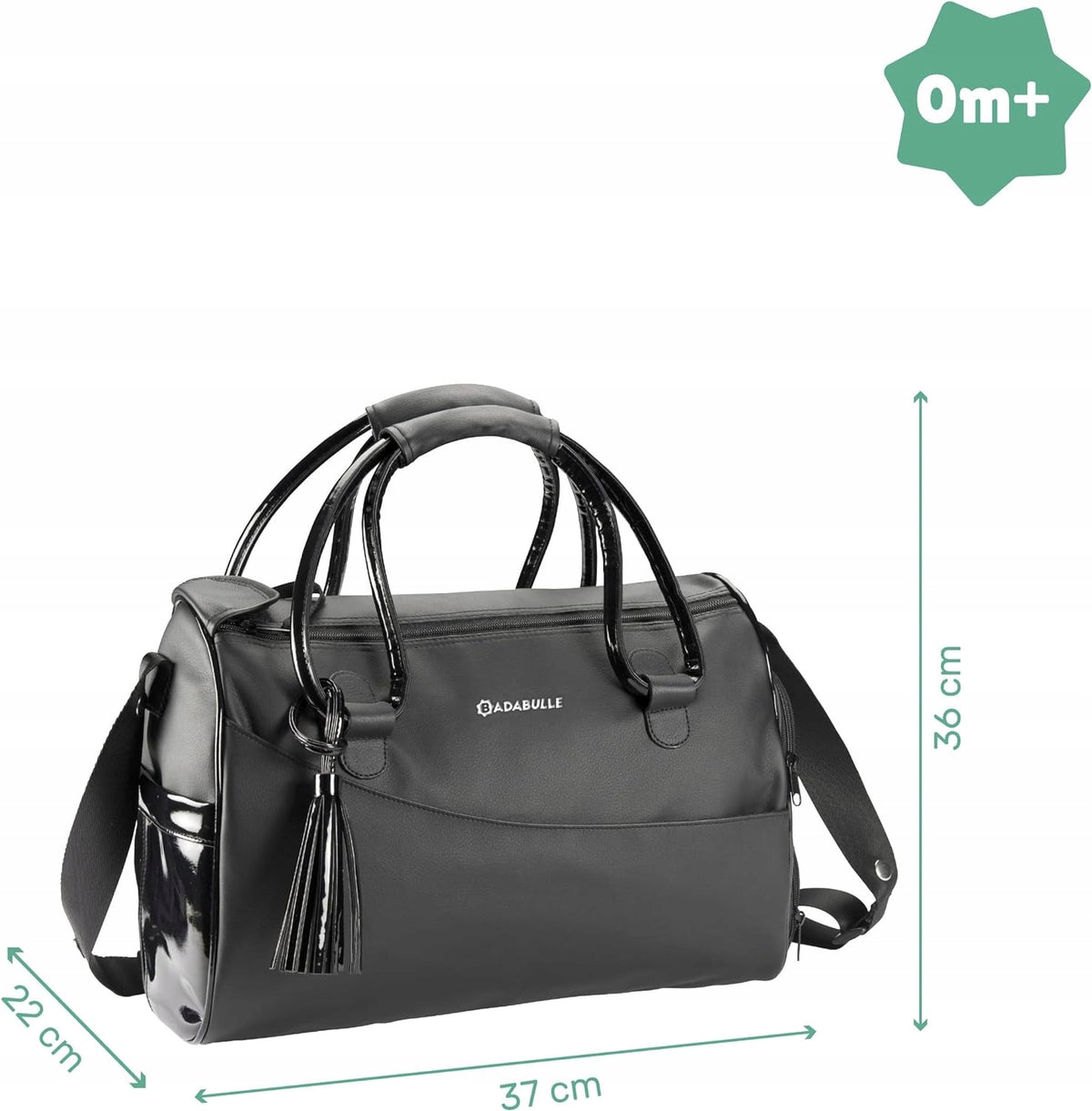 BADABULLE torba do wózka + akcesoria GLOSSY czarna, elegancka torba 36x23x27 cm z paskiem i uchwytami
