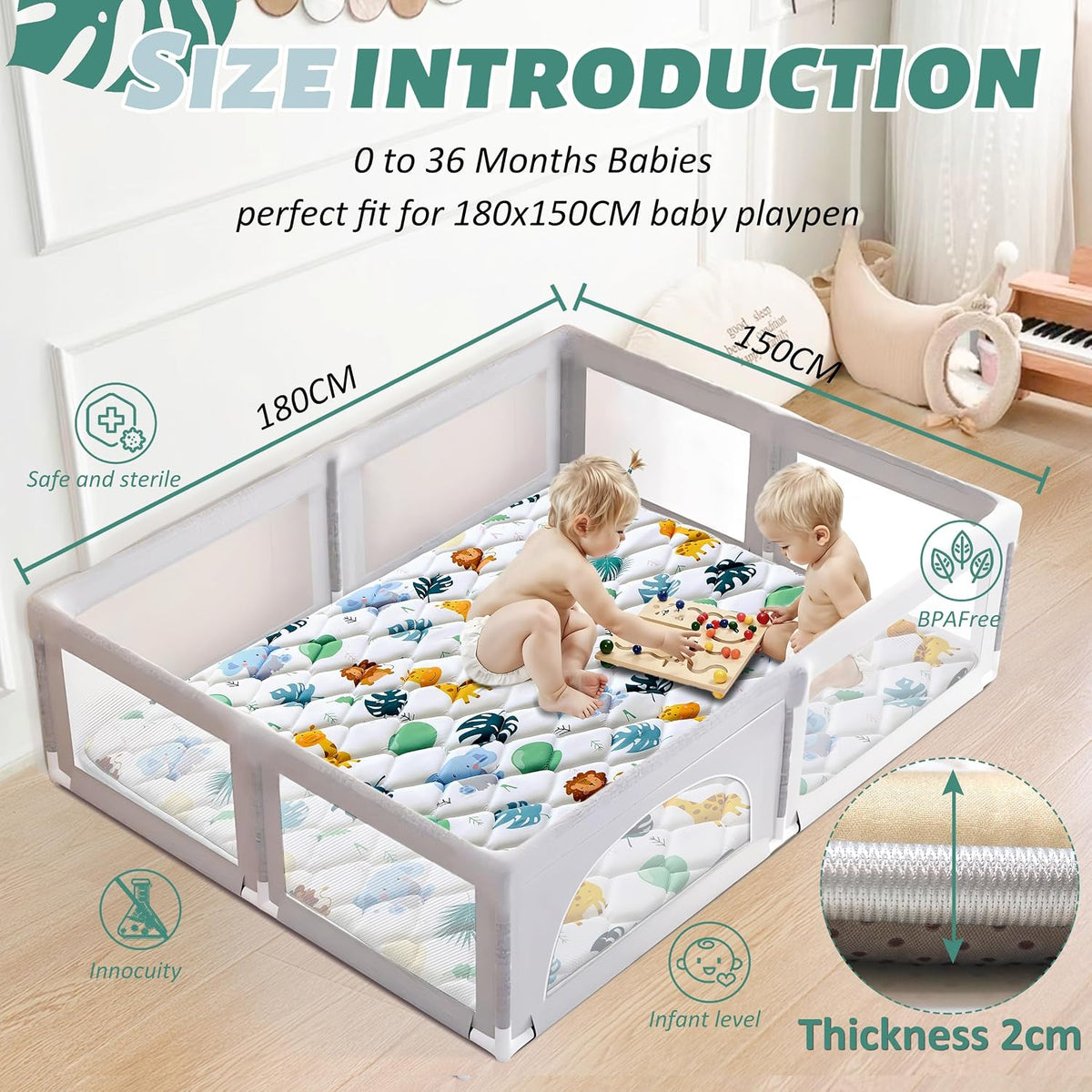 Baby play mat with non-slip underside, 180x150
