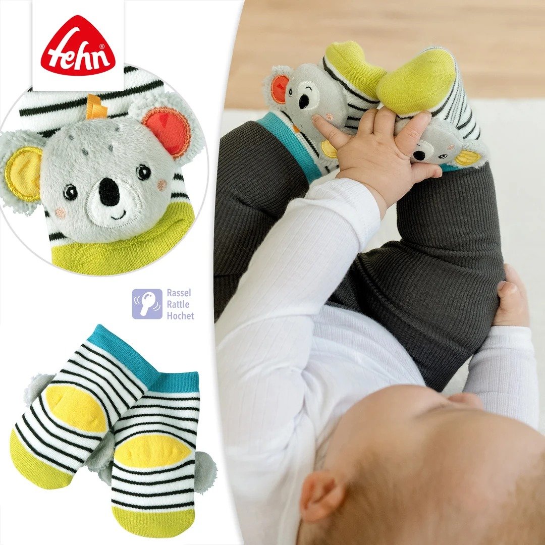 Fehn Koala skarpetki z grzechotką dla niemowląt, miękkie skarpetki dziecięce z koalą do zabawy i stymulacji