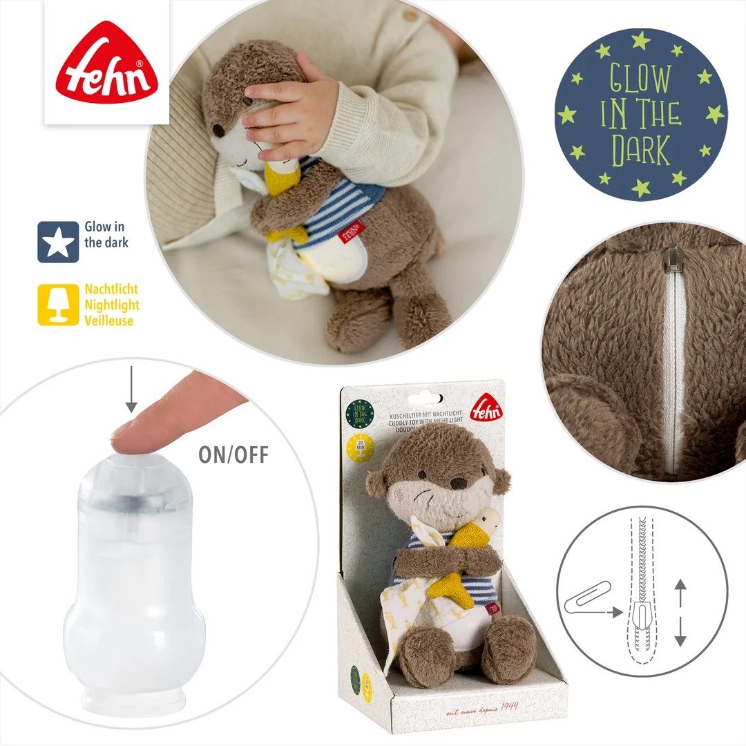 Fehn Otter lampka nocna i przytulanka z efektem glow in the dark, miękka zabawka dla dzieci z lampką nocną