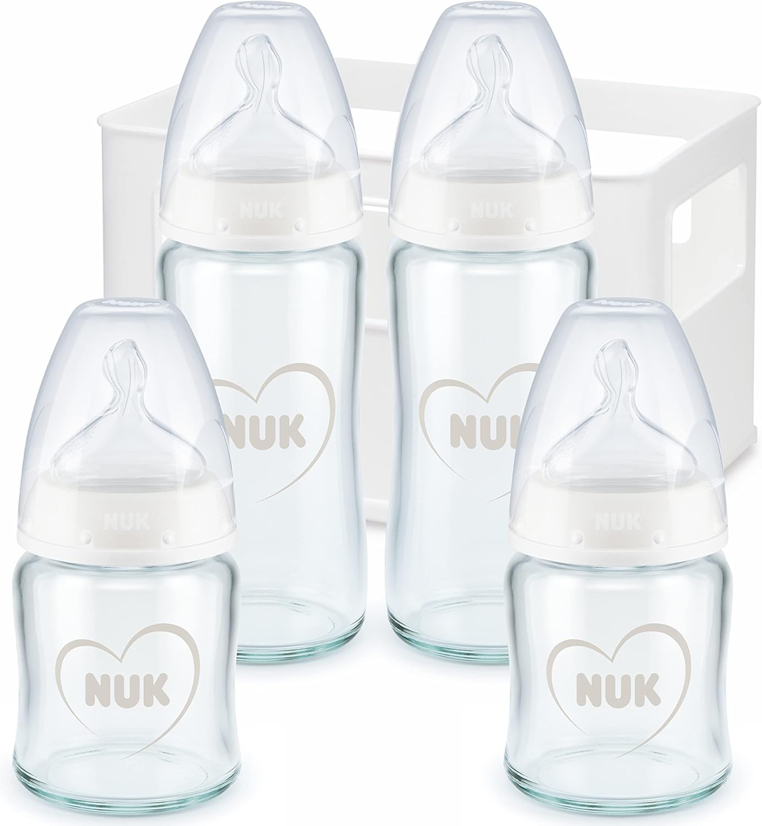 NUK First Choice+ zestaw startowy 4 SZKLANE butelki + koszyk organizer 0-6 m