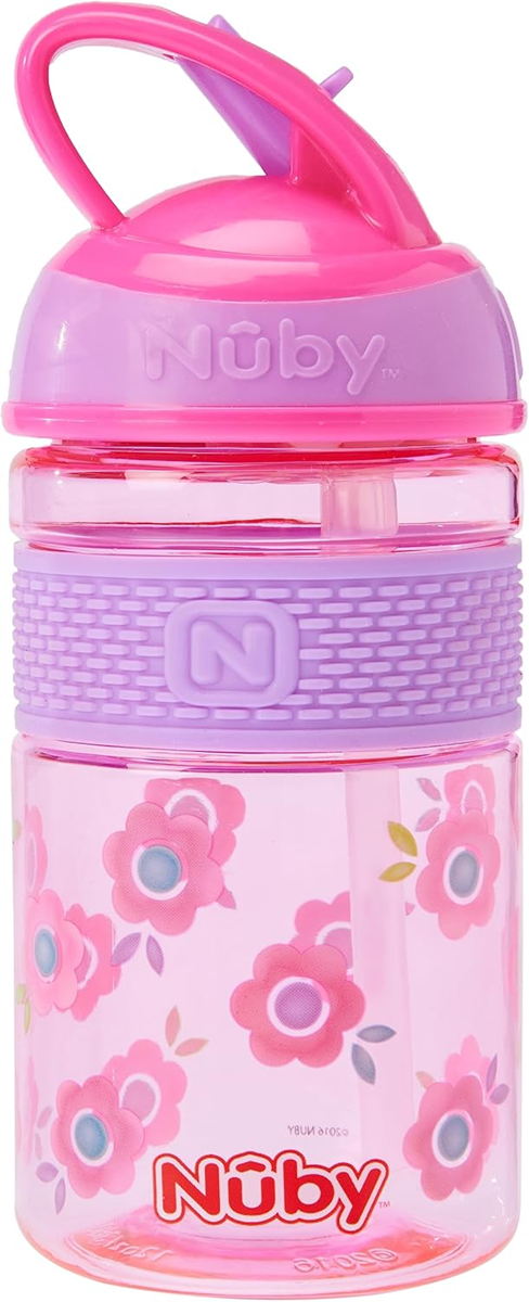 NUBY Hard Straw Cup Tritan-Trinkflasche mit Strohhalm 3l+ 360ml BLUMEN
