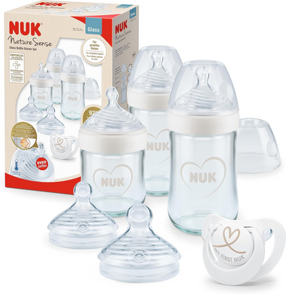 NUK Nature Sense set of glass bottles 2 x 240ml with M teats, 1 x 120ml with nipple S, additional nipple x1, 1