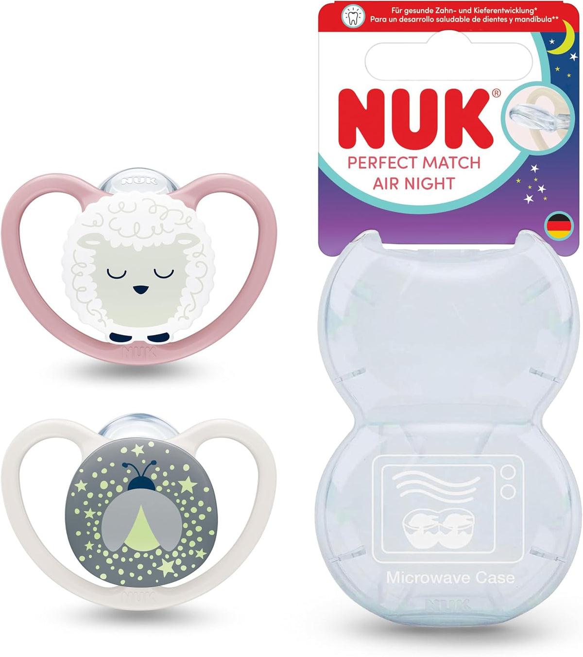 NUK Perfect Match Air Night smoczki uspokajające 0-6m x2 ŚWIECĄCE, zestaw z etui do sterylizacji