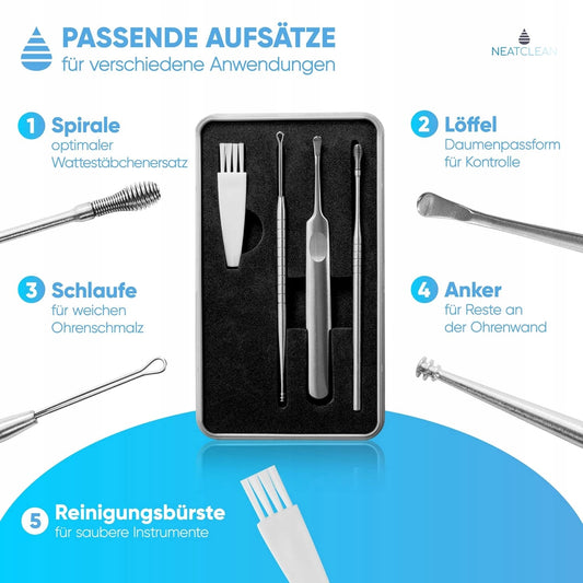 NEATCLEAN zestaw do pielęgnacji i czyszczenia uszu z 5 końcówkami i metalowym pudełkiem