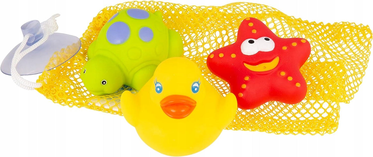 PLAYGRO 3 jucării de baie + plasă de depozitare cu ventuză