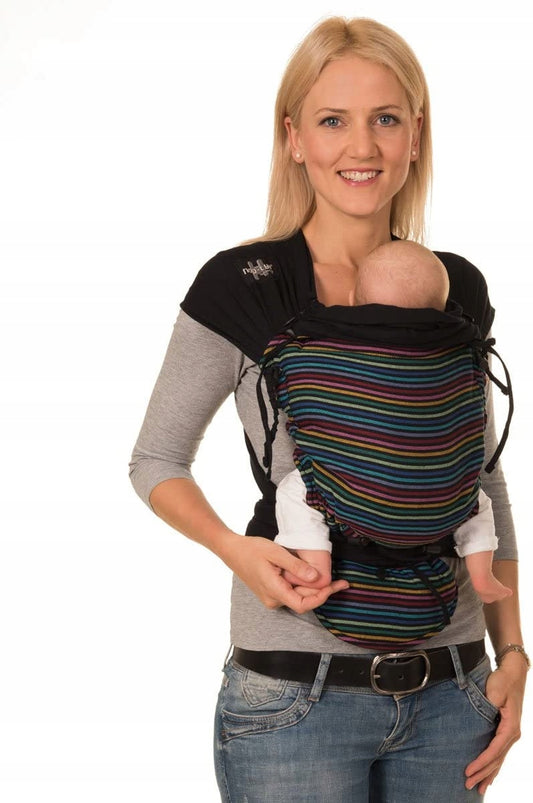 HOPPEDIZ hop-tye nosidełko ergonomiczne 0-30 msc. czarne w kolorowe paski, mei-tai z kapturem