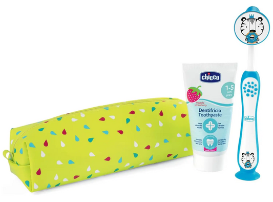 CHICCO fogkefe szett tapadókoronggal és eper ízű fogkrém + tok