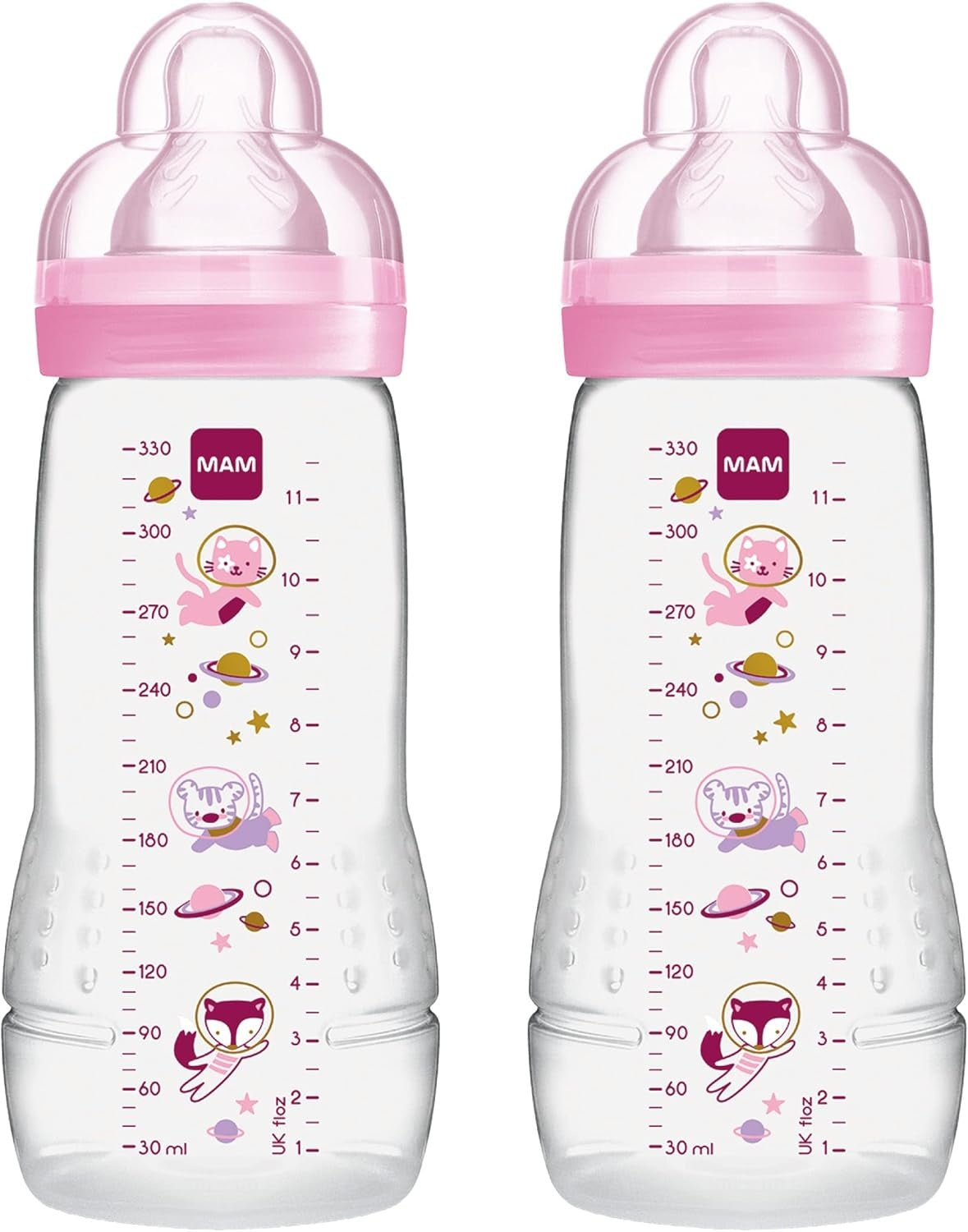 MAM Easy Active zestaw butelek 330 ml 4 m+ smoczek 2 KOSMOS, 2 butelki z miarką i różowym smoczkiem