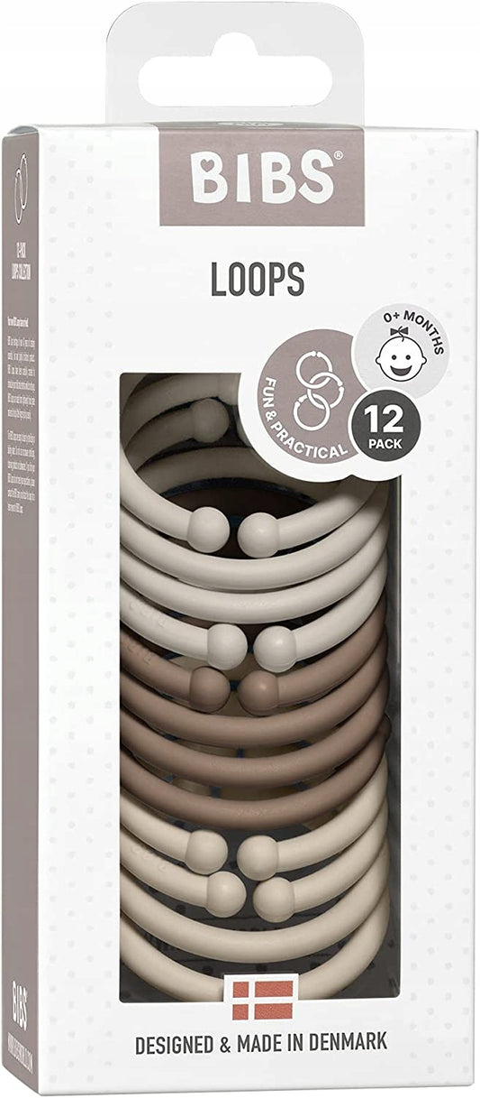 BIBS LOOPS 12x zawieszki uniwersalne, 12 sztuk w odcieniach brązu i beżu, praktyczne do smoczka i wózka