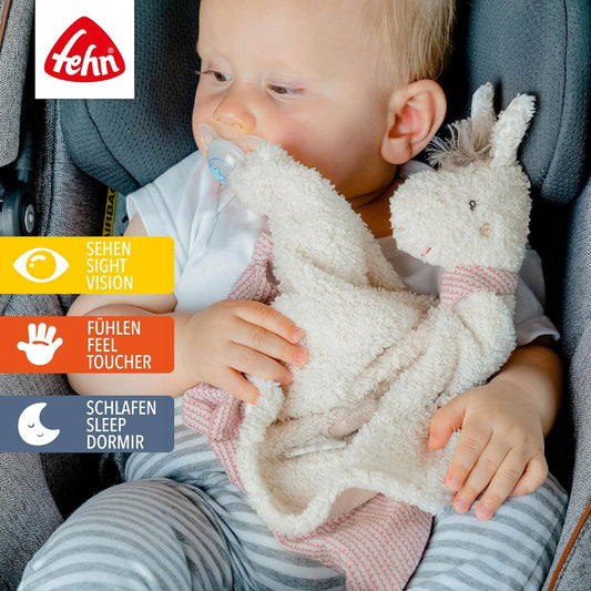FEHN Peru kocyk do przytulania LAMA 34cm, miękki kocyk dla niemowlaka z pierścieniem na smoczek