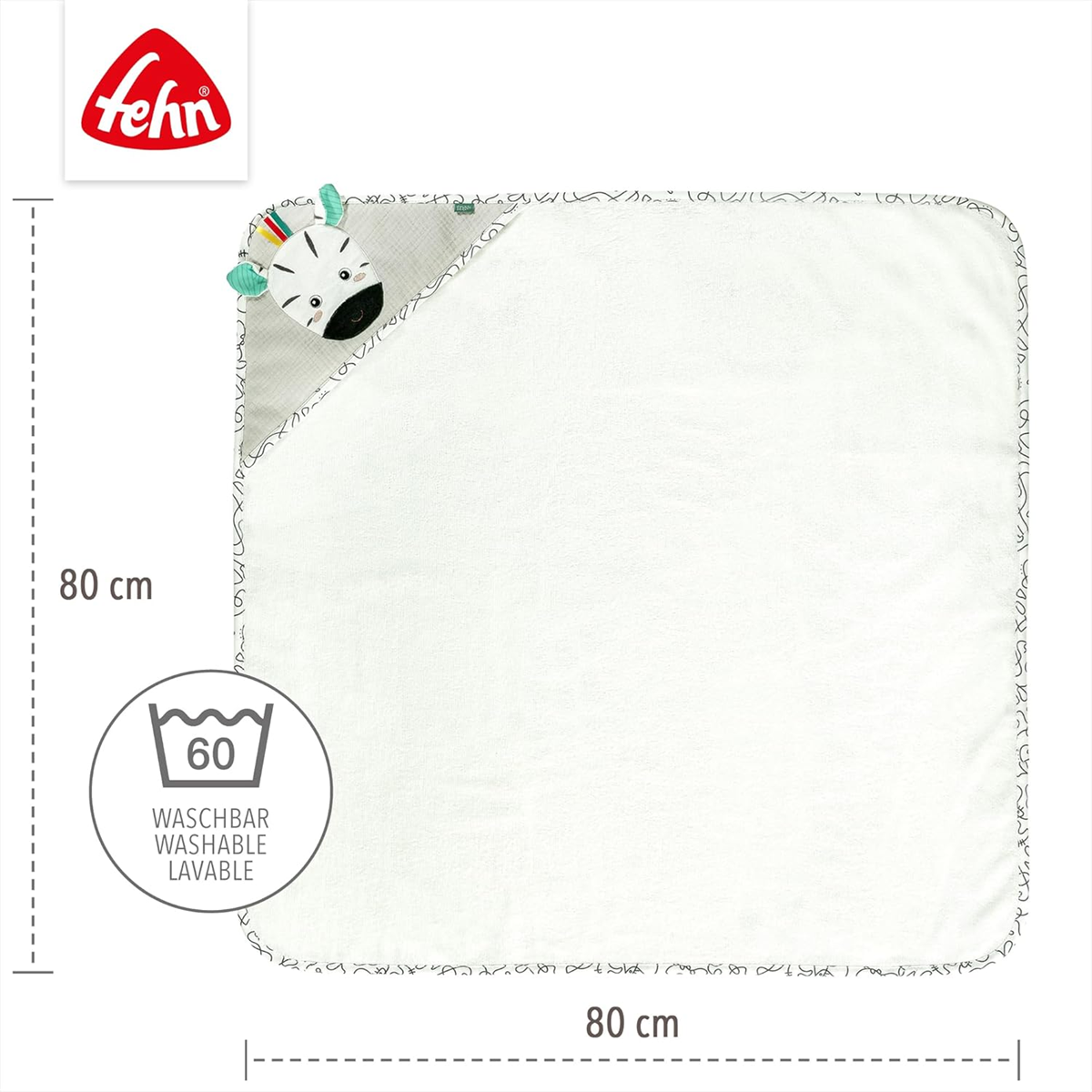 FEHN zebra kapucnis törölköző 80 x 80 cm