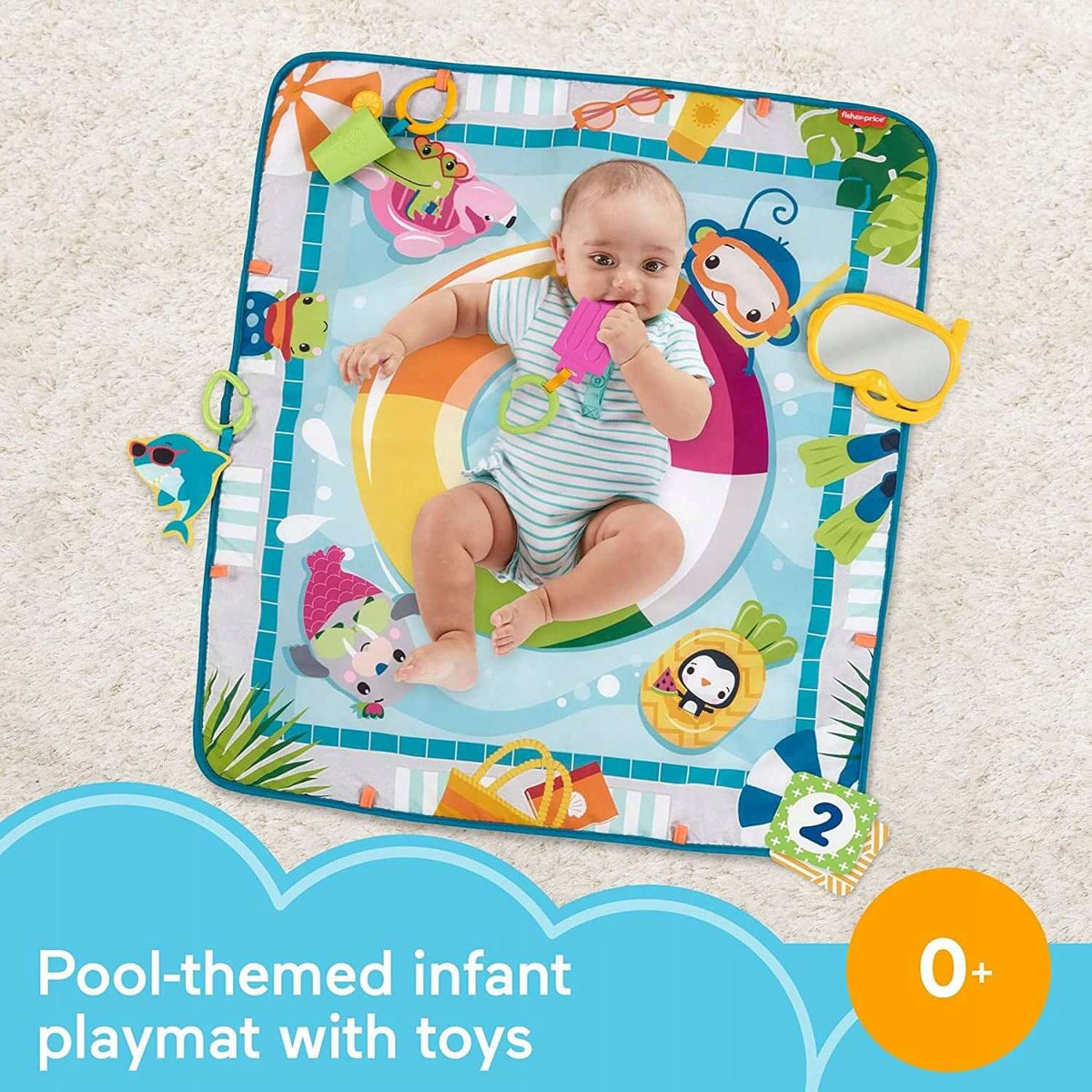 FISHER PRICE mata edukacyjna 0+ z zabawkami, motyw basenu, wspiera rozwój zmysłów i koordynację dziecka