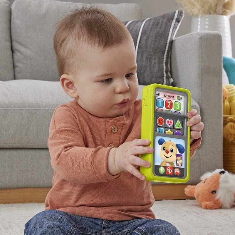 FISHER-PRICE interaktywny SMARTFON 75 piosenek zdań dźwięków J. ANGIELSKI. zielony smartfon dla dziecka 9 m+