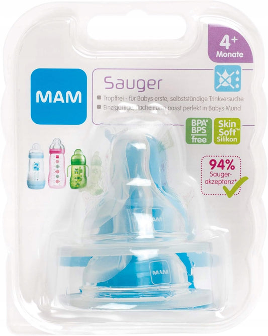 MAM smoczki do butelek 4msc+ x2, silikonowe, BPA/BPS free, do butelek z szeroką szyjką