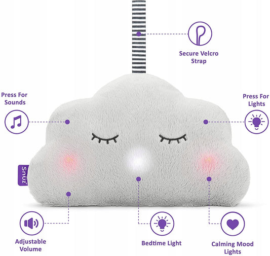 SNUZcloud chmurka USYPIACZ szum BICIE serca, przytulanka z muzyką, światłem i paskiem Velcro