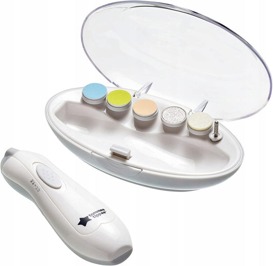 TOMMEE TIPPEE elektryczny pilnik do paznokci z lampką LED dzieci i dorośli, biało-szary, z pudełkiem do przechowywania