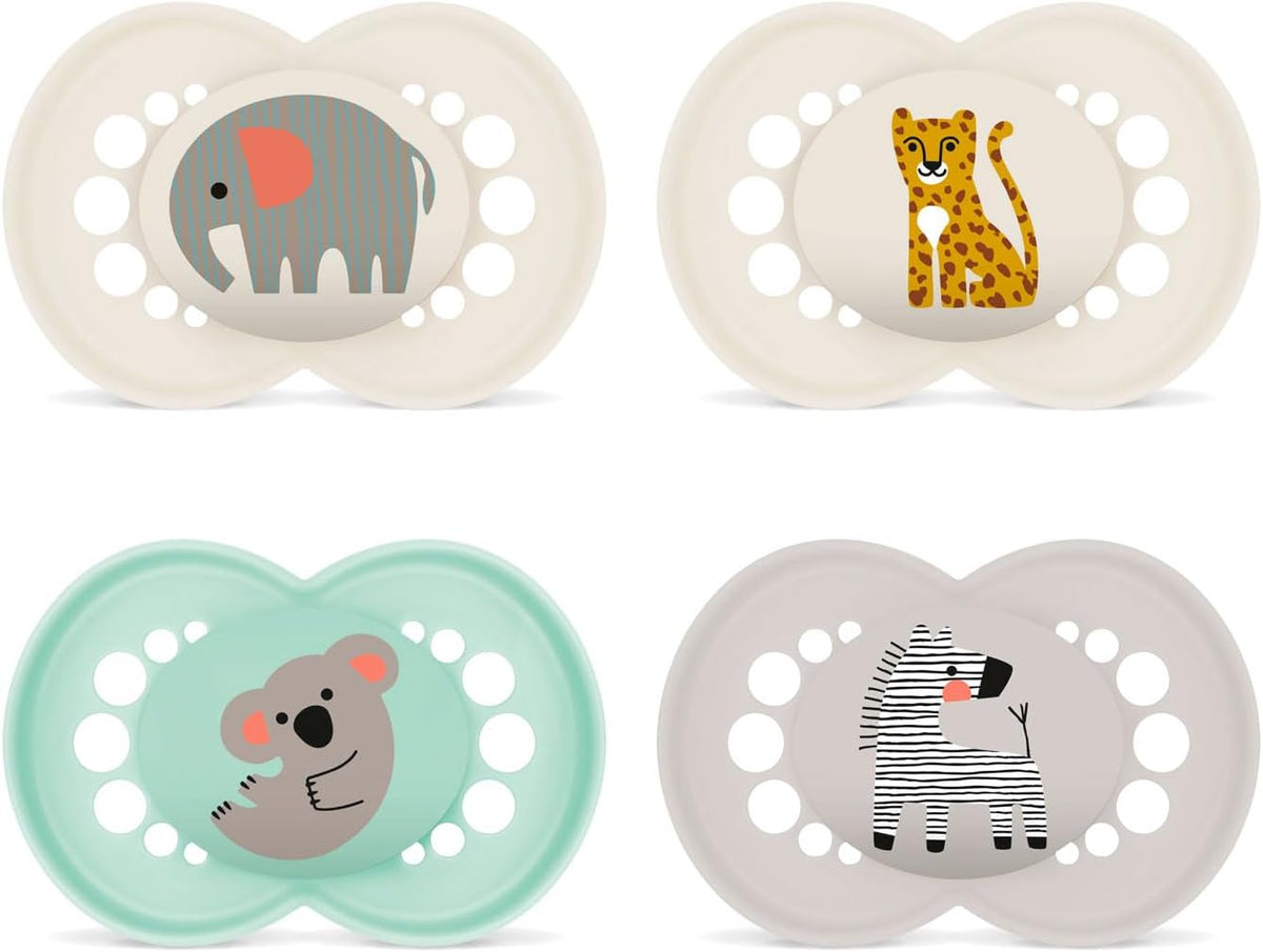 MAM Original smoczek uspokajający silikonowy x4 16m+ z motywami safari: słoń, lampart, koala i zebra
