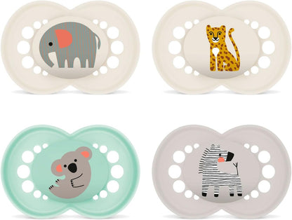 MAM Original smoczek uspokajający silikonowy x4 16m+ z motywami safari: słoń, lampart, koala i zebra