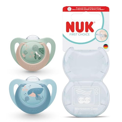 NUK First Choice smoczek uspokajający silikonowy x2 6-18m, ortodontyczny, wzór Żółw/Wieloryb