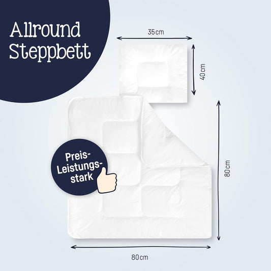JULIUS ZOLLNER BASIC komplet poduszka i kołderka 80x80 cm/ 35x40 cm, zestaw niemowlęcy z wymiarami
