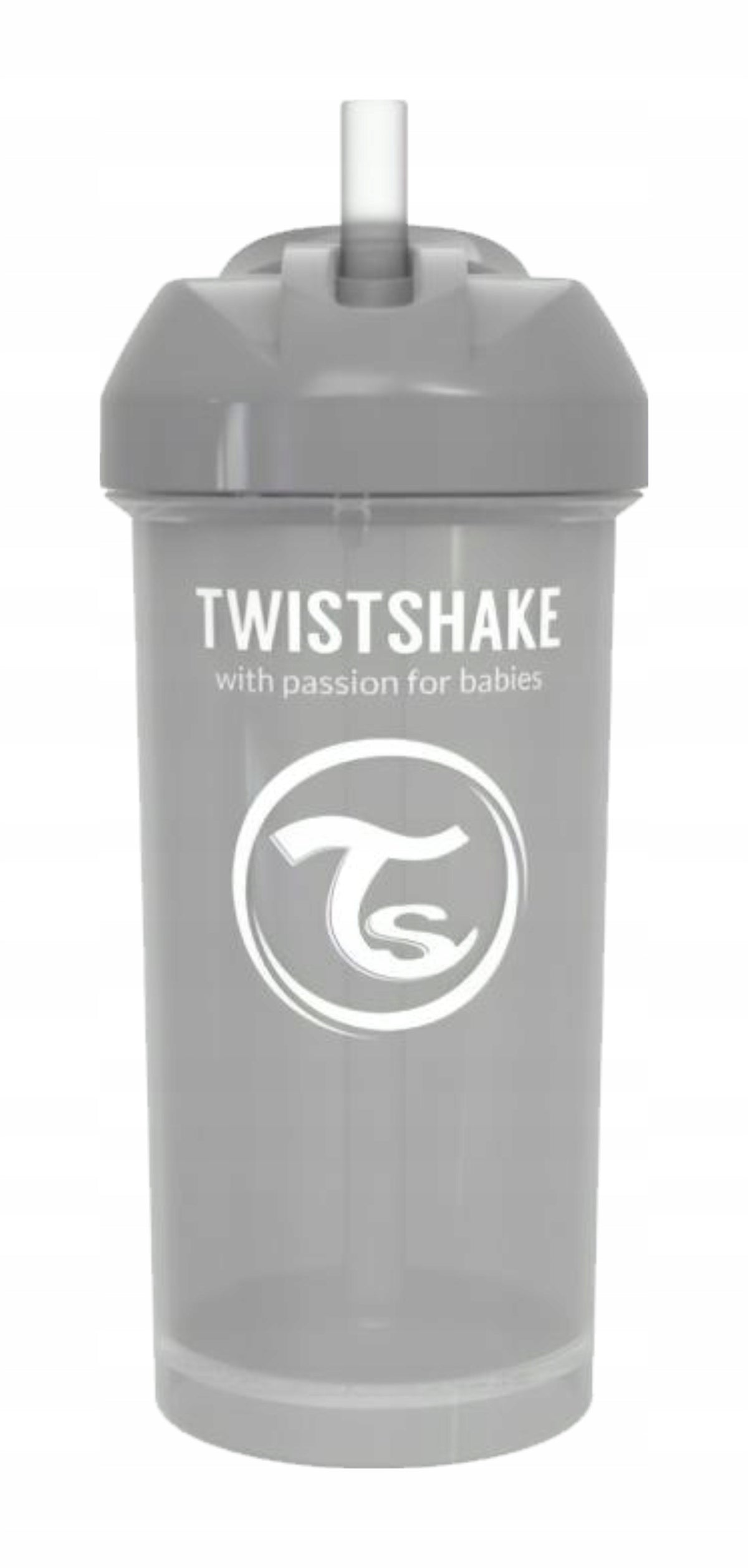 Szary kubek Twistshake Straw Cup z wysuniętą słomką i białym logo, widok z przodu.