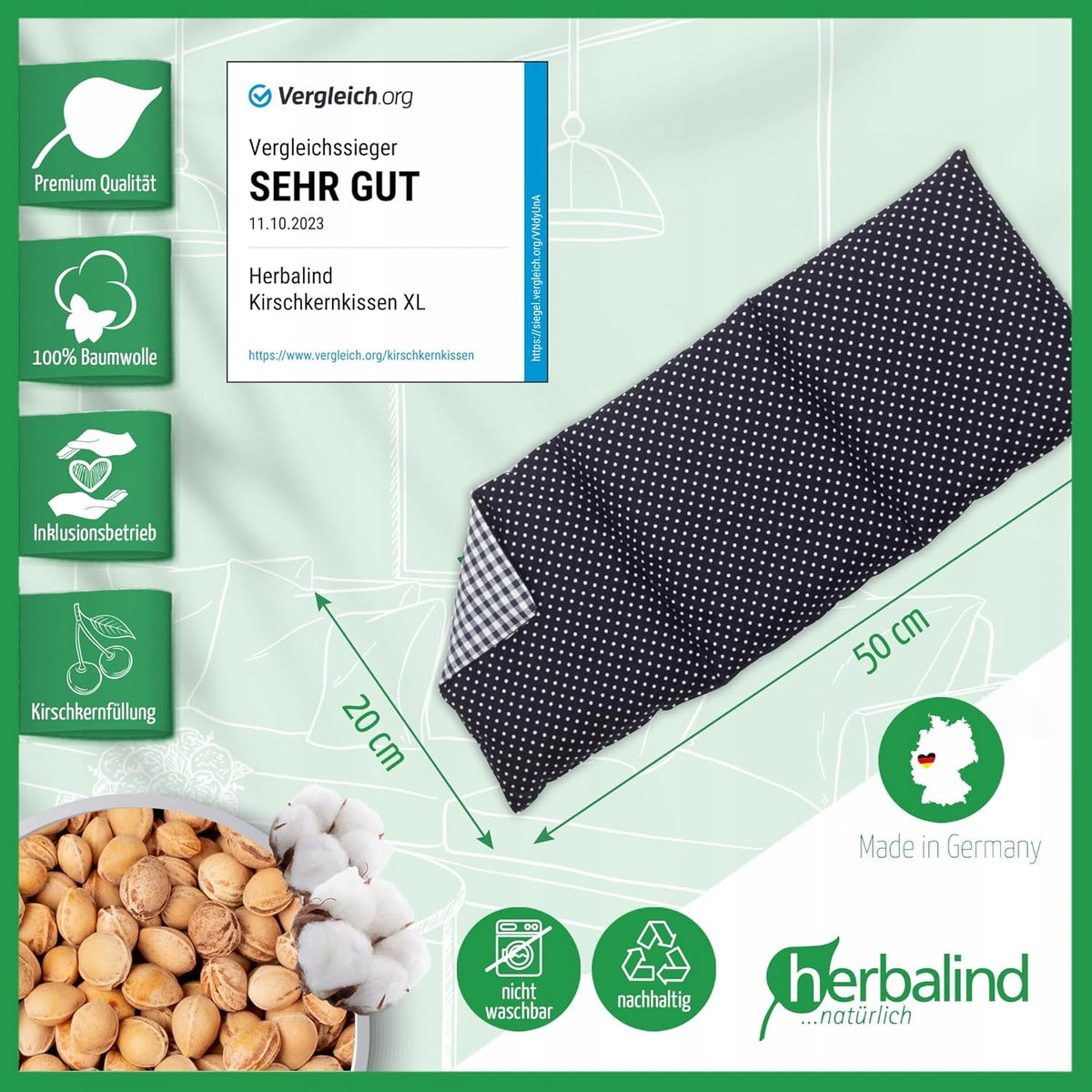 HERBALIND warmtekussen met kersenpitten XL 900g 50x20cm