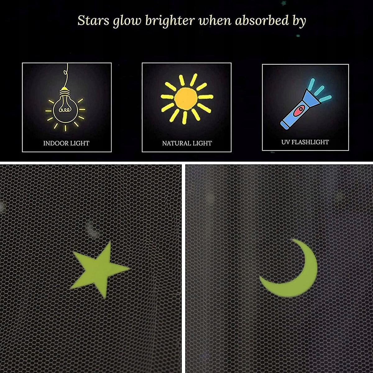 GLOW BED moustiquaire pour lit bébé, baldaquin avec étoiles fluorescentes