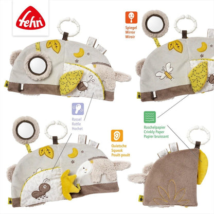 Fehn Australia książeczka sensoryczna z zawieszką, szara zabawka dziecięca 11x11 cm z lusterkiem, grzechotką i szeleszczącymi elementami