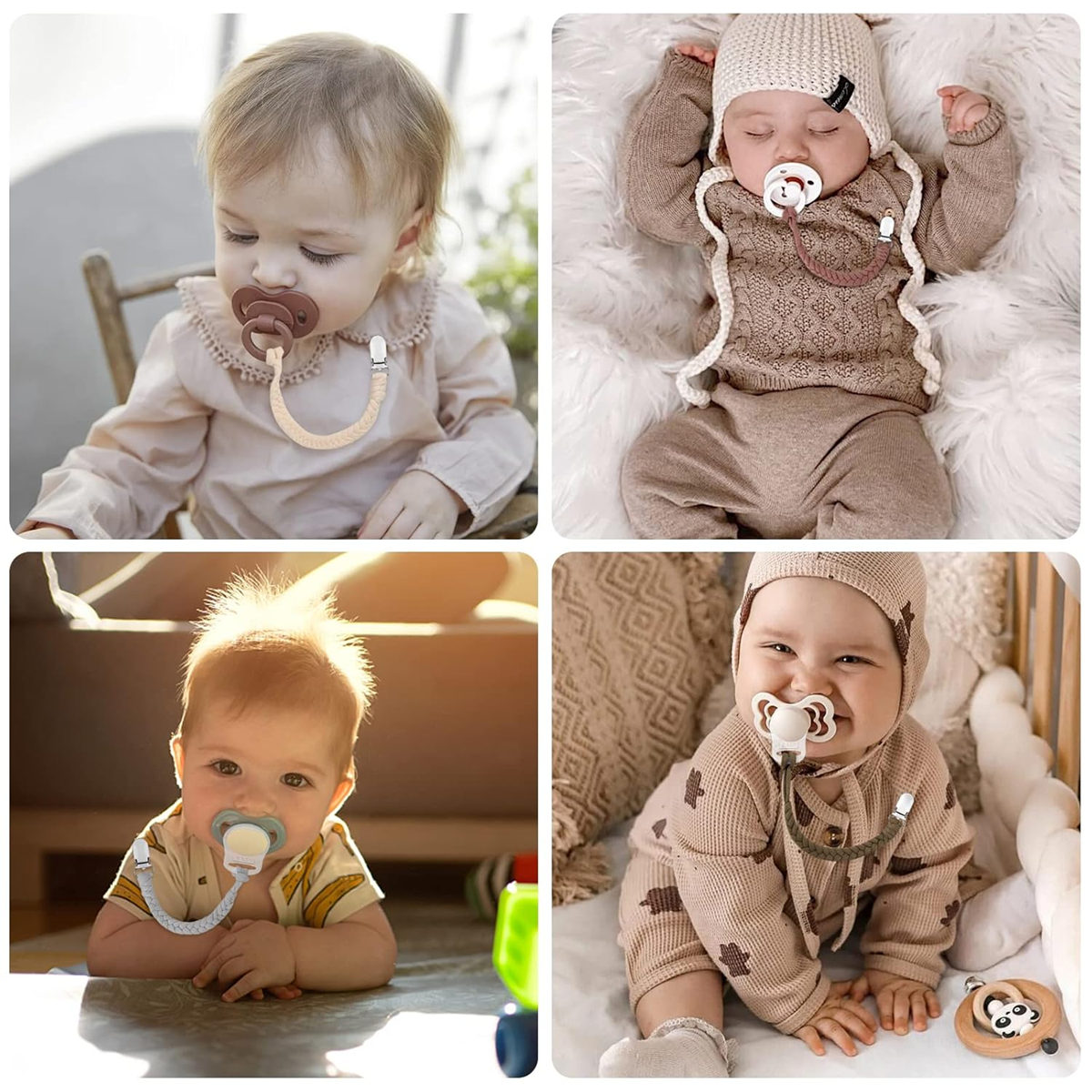ANNHAO bawełniany łańcuszek do smoczka z klipsem 22 cm BEŻOWY