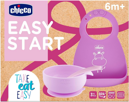 CHICCO zestaw EASY START miseczka z przyssawką łyżeczka śliniak 6msc+