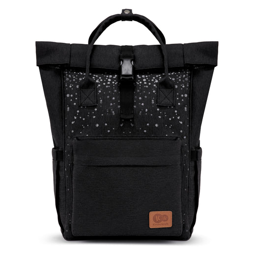 KINDERKRAFT MOONPACK CONFETTI plecak na pieluchy i akcesoria czarny z paskami do wózka i uchwytem do noszenia