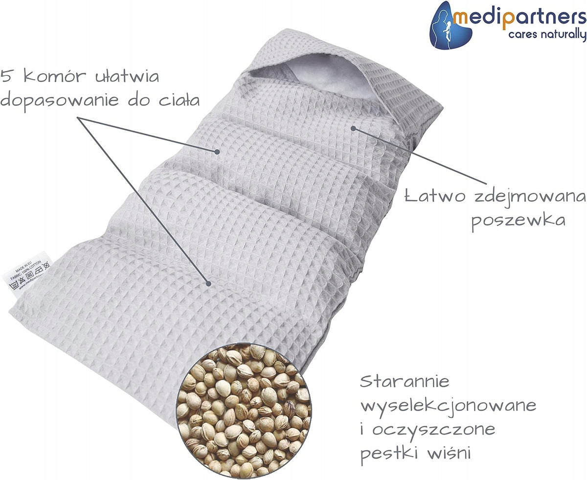 MEDIPARTNERS termofor z pestkami wiśni DUŻY 800g 60x20 cm MINKY, szary termofor z 5 komorami i zdejmowaną poszewką