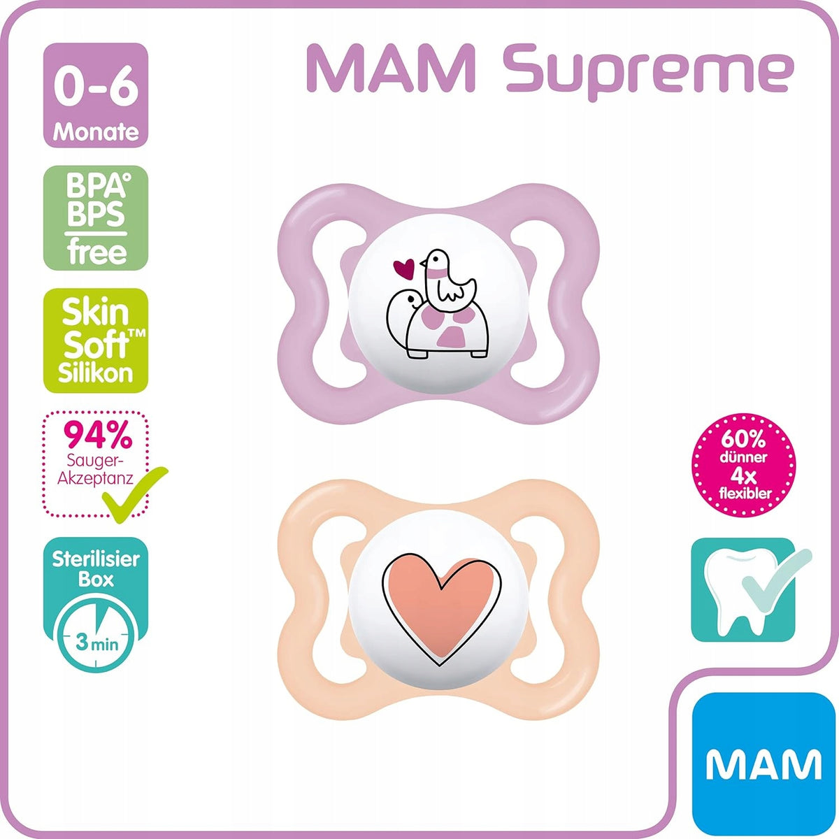 MAM SUPREME siliconen fopspeen 0-6 maanden x2
