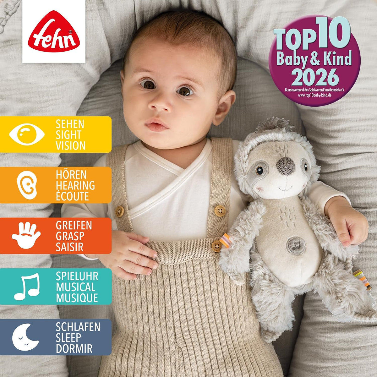 FEHN Leniwiec przytulanka z Cry Sensorem 19cm, pluszak dla niemowląt z dźwiękami natury i melodiami
