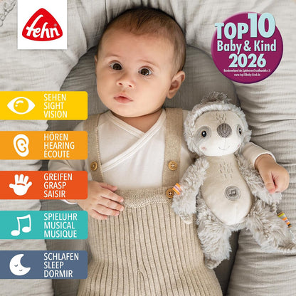 FEHN Leniwiec przytulanka z Cry Sensorem 19cm, pluszak dla niemowląt z dźwiękami natury i melodiami