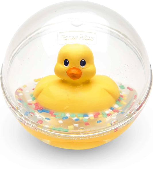 FISHER-PRICE DVH21 kula z kaczuszką do raczkowania 10 cm, sensoryczna kula z konfetti i żółtą kaczuszką