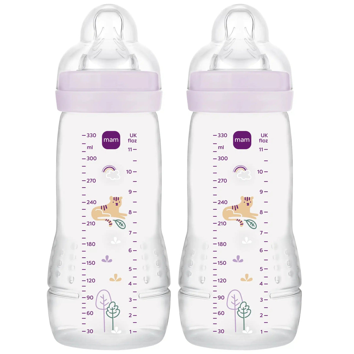 MAM Easy Active zestaw butelek 2x 330 ml 4 m+ smoczek 3 TYGRYS, dwie butelki dla niemowląt