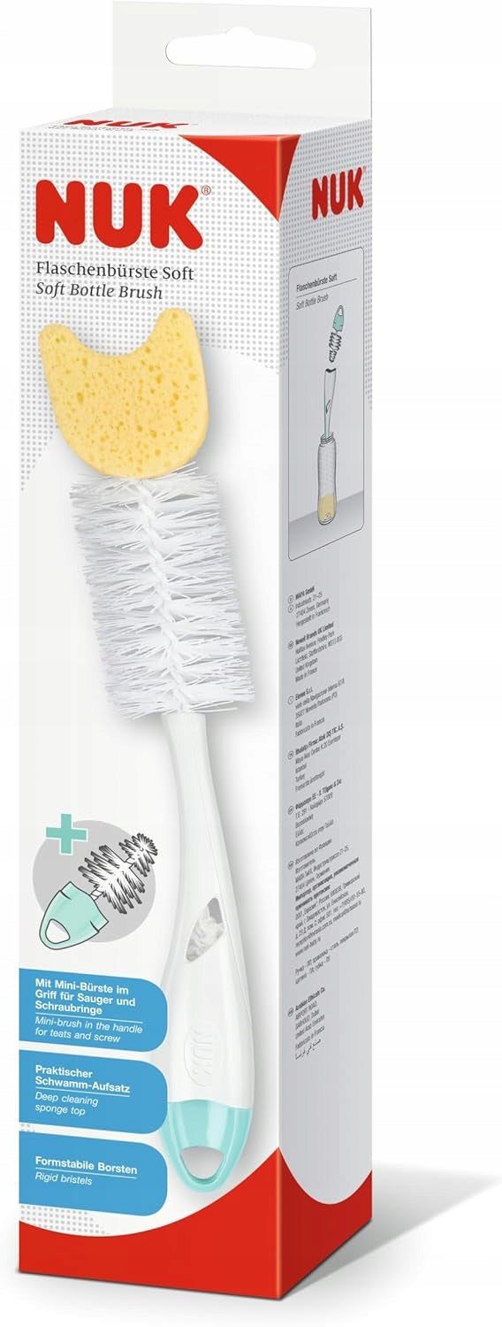 NUK 2w1 szczotka do czyszczenia smoczków butelek i smoczków 28 cm, biała z niebiesko-żółtym wykończeniem