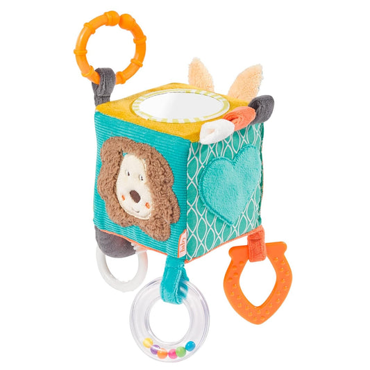 FEHN Activity Cube pluszowa zawieszka kostka z grzechotką 10 x 10 cm, kolorowa zabawka sensoryczna z lusterkiem i gryzakami