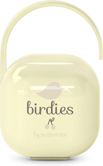SUAVINEX Birdies etui na 2 smoczki, żółte, z uchwytem do torby lub wózka, chroniące smoczki przed zabrudzeniem
