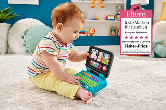 FISHER-PRICE laptop interaktywny J.NIEMIECKI 6m+ dla niemowląt, kolorowy laptop edukacyjny z dźwiękami i światłami