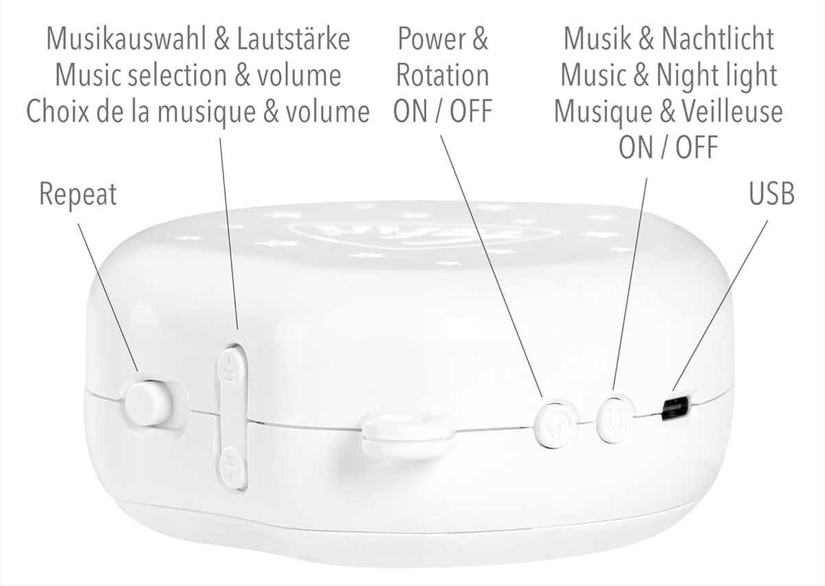 FEHN MP3 spilledåse med natlampe til uro til tremmeseng + 128 Mb-kort