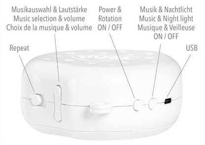 FEHN MP3 spilledåse med natlampe til uro til tremmeseng + 128 Mb-kort