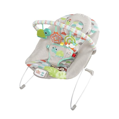 Leżaczek Bright Starts Happy Safari z pałąkiem i wiszącymi zabawkami.
